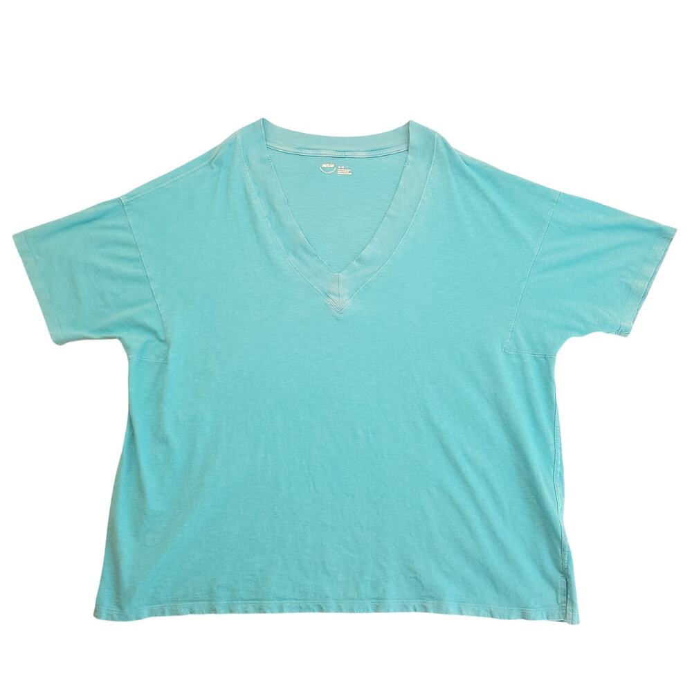 Aerie Distressed V-Neck Boyfriend T-Shirt XL Aqua Blue 100% Cotton Oversized